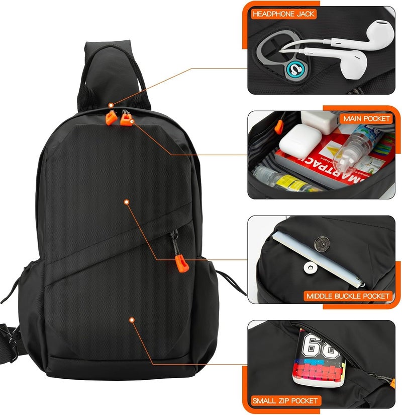 Excefore Sling Crossbody Backpack Bag for Men, Waterproof Lightweight One Strap Sling Bag with External USB Hole Design, Men's Adjustable Sling Shoulder Chest Bag for Travel Cycling Sports and Outdoor, Black - Image 5