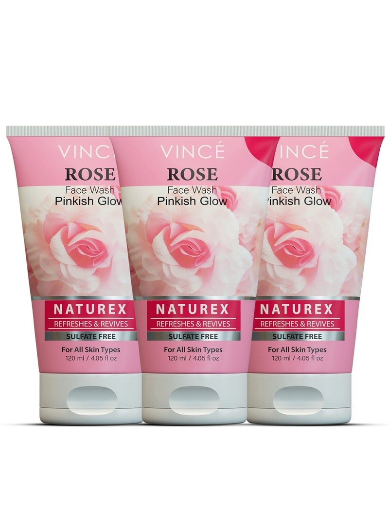 Rose Face Wash - Pack of 3 – Pinkish Glow – Deep Cleansing & Hydrating – Removes Dirt & Impurities, Enhances Skin Tone & Natural Radiance, Leaves Skin Soft & Nourished – Sulfate-Free, 120ml Each