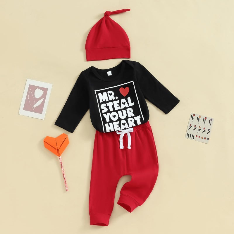 Gureui My First Valentines Day Baby Boy Outfit Long Sleeve Heart Print Romper Onesie Pants Toddler Infant Newborn Clothes (A Black Mr Steal Your Heart, 0-3 Months) - Image 3