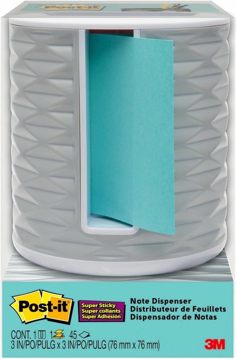 Post It Note Dispenser with Pop-up Notes, White Base with Grey Geometric Pattern, 1 Aqua Splash 3 in. x 3 in. Super Sticky Note Pad, Classroom or Office Supplies - Image 1