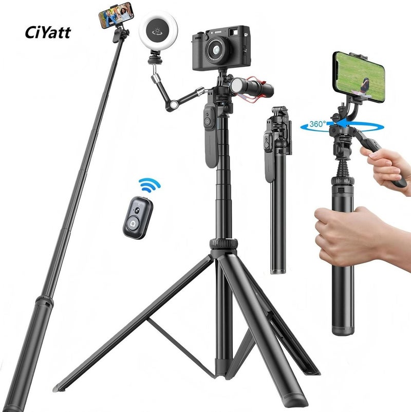 CiYatt 80.9"Multifunctional  Selfie Stick Tripod, with Bluetooth Wireless Remote Control, Portable and Retractable, Compatible with All Kinds of Mobile Phones and Cameras (1/4-inch nut) - Image 1