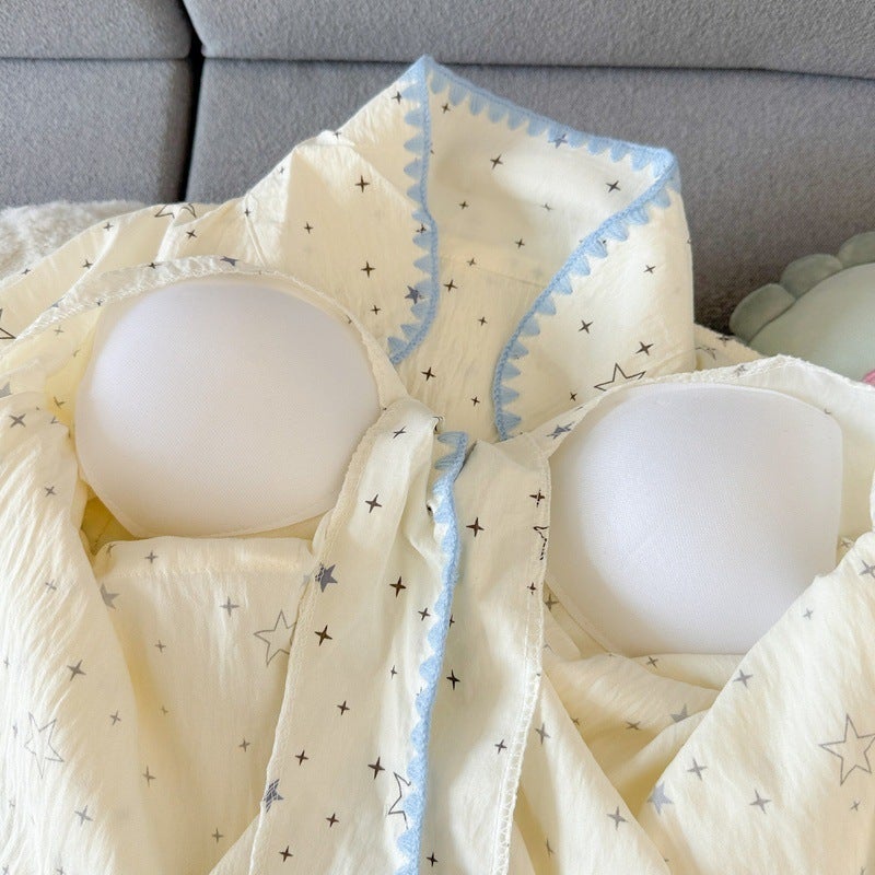 In-Stock Japanese-Style Fresh Lace Padded Plus-Size Women''s Pajamas Spring/Summer Short-Sleeve Little Star Three-Piece Set - Image 4