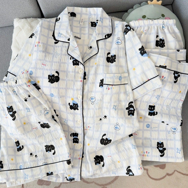 In-Stock Japanese-Style Fresh Lace Padded Plus-Size Women''s Pajamas Spring/Summer Short-Sleeve Little Star Three-Piece Set - Image 1