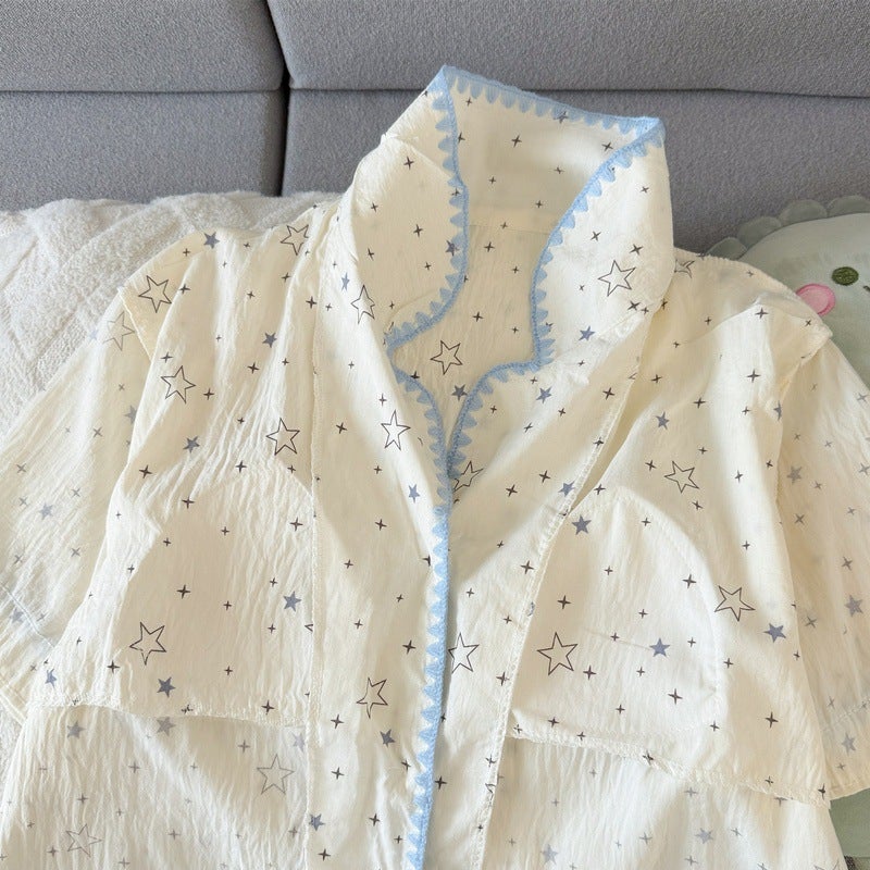 In-Stock Japanese-Style Fresh Lace Padded Plus-Size Women''s Pajamas Spring/Summer Short-Sleeve Little Star Three-Piece Set - Image 3