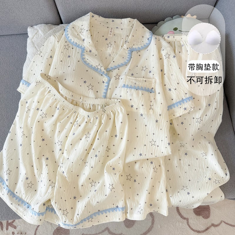 In-Stock Japanese-Style Fresh Lace Padded Plus-Size Women''s Pajamas Spring/Summer Short-Sleeve Little Star Three-Piece Set - Image 2