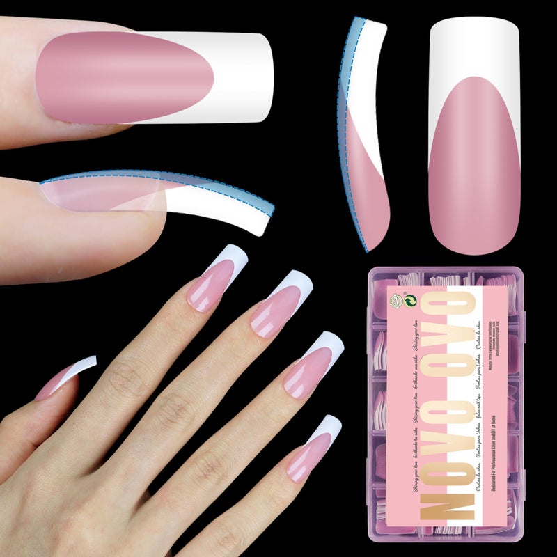 NOVO OVO Halloween Medium Slightly Curved White French Tip Nail Tips BERRY PINK Full Cover for Press on Acrylic, Extra Thick Soft Gel False Nails, Need Builder Gel Top Coat for DIY x 15 Sizes 240 pcs - Image 1