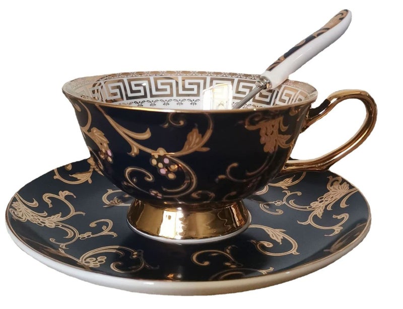 Eplze YBK Tech Euro Style Bone China Cup& Saucer Set, Ceramic Tea Coffee Cup for Home Kitchen Wedding (Retro Flower Pattern- Dark Blue) - Image 1
