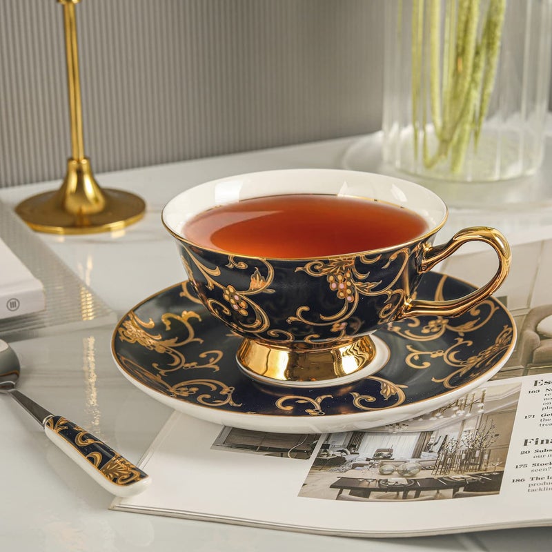 Eplze YBK Tech Euro Style Bone China Cup& Saucer Set, Ceramic Tea Coffee Cup for Home Kitchen Wedding (Retro Flower Pattern- Dark Blue) - Image 3