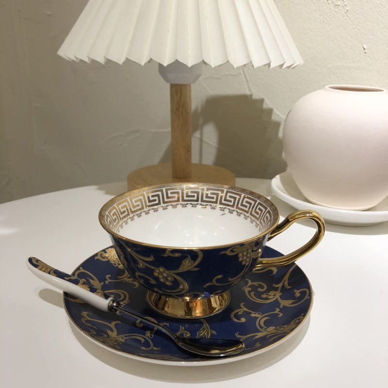Eplze YBK Tech Euro Style Bone China Cup& Saucer Set, Ceramic Tea Coffee Cup for Home Kitchen Wedding (Retro Flower Pattern- Dark Blue) - Image 2