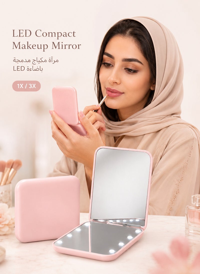 مرآة مكياج صغيرة بإضاءة LED، مرآة جيب بوجهين وتكبير 1X/3X، قابلة للطي ومحمولة باليد للسفر والحقيبة والمكياج اليومي، وردي - Image 1