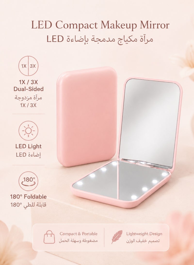 مرآة مكياج صغيرة بإضاءة LED، مرآة جيب بوجهين وتكبير 1X/3X، قابلة للطي ومحمولة باليد للسفر والحقيبة والمكياج اليومي، وردي - Image 2