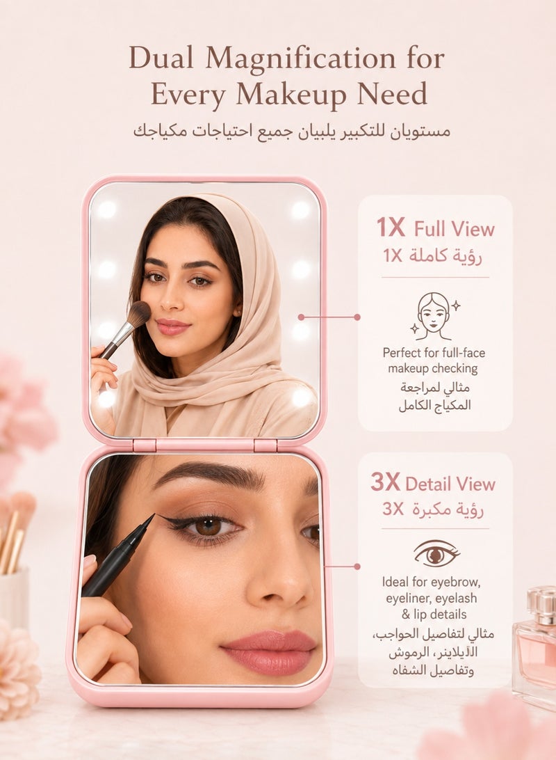 مرآة مكياج صغيرة بإضاءة LED، مرآة جيب بوجهين وتكبير 1X/3X، قابلة للطي ومحمولة باليد للسفر والحقيبة والمكياج اليومي، وردي - Image 5