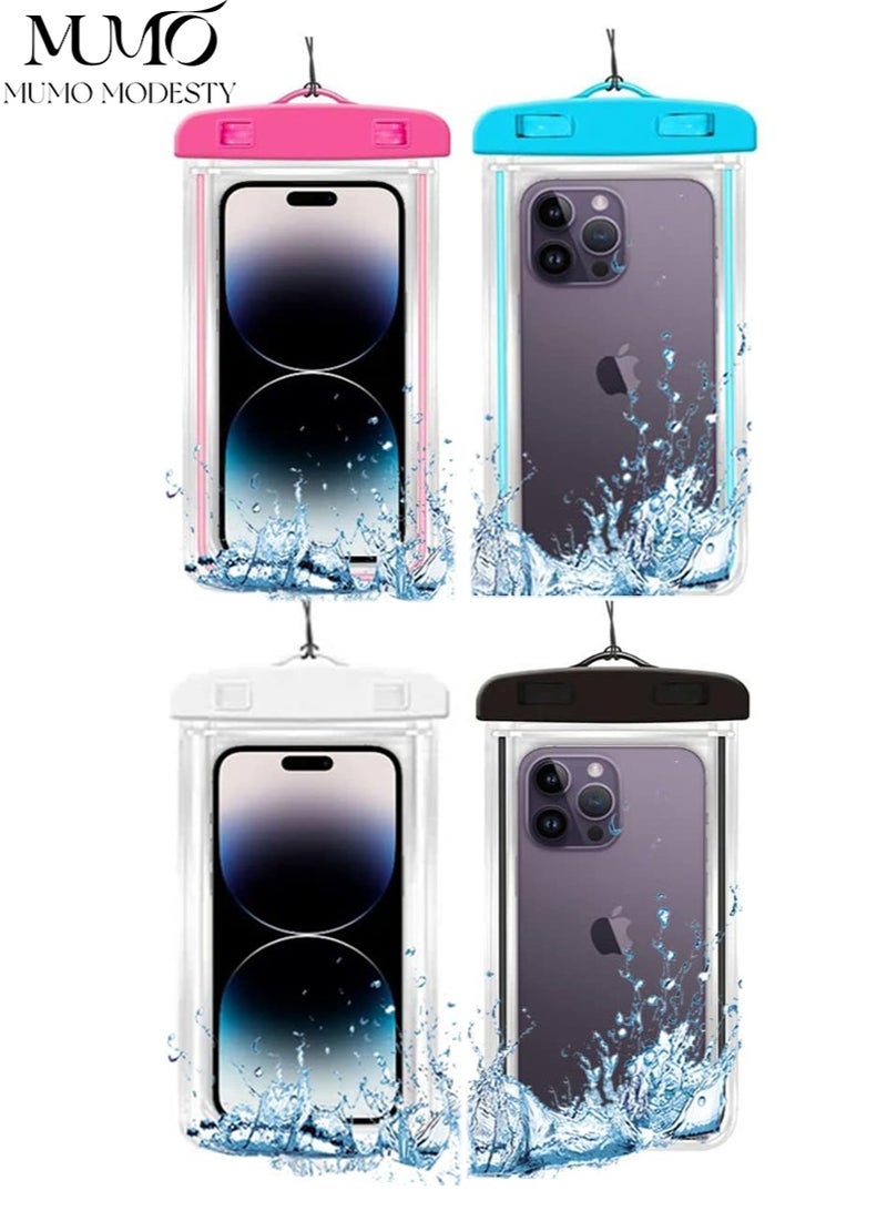 MUMO 4-Piece Waterproof  Mobile Phone Bag Floating Universal, Waterproof Mobile Phone Case Up To 7 Inches Suitable For Outdoor, Swimming, Boat And Beach, Family Vacation Beach Cruise Travel Essential Mobile Phone Drying Bag (White, Black, Blue, Pink) - Image 1