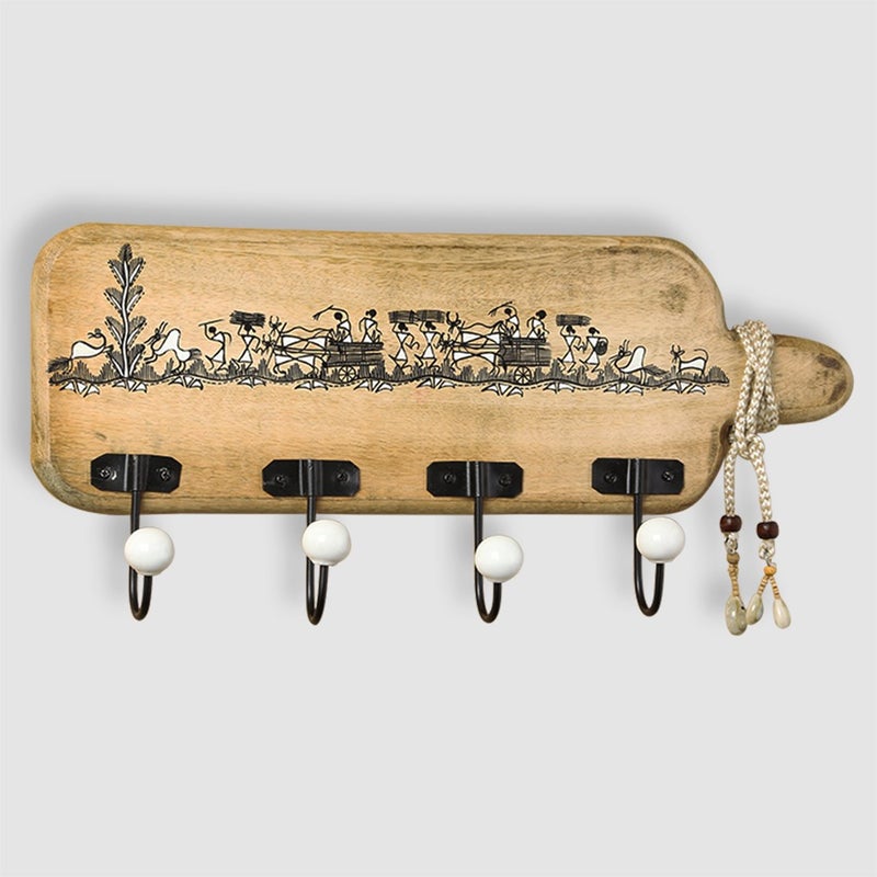 ExclusiveLane ExclusiveLane Steam Beach Wood Whitwewood Canvas Cloth Hanger Stand Wall Hooks with Warli HandPainting and Jute Dori for Bedroom Standard Natural Light Brown Pack of 1  - Image 2