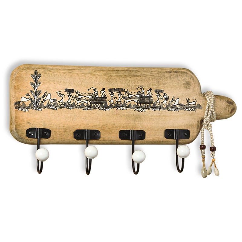 ExclusiveLane ExclusiveLane Steam Beach Wood Whitwewood Canvas Cloth Hanger Stand Wall Hooks with Warli HandPainting and Jute Dori for Bedroom Standard Natural Light Brown Pack of 1  - Image 3