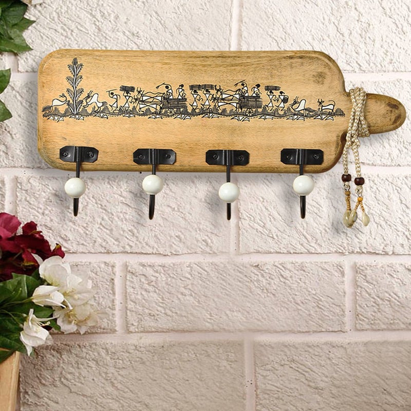 ExclusiveLane ExclusiveLane Steam Beach Wood Whitwewood Canvas Cloth Hanger Stand Wall Hooks with Warli HandPainting and Jute Dori for Bedroom Standard Natural Light Brown Pack of 1  - Image 1