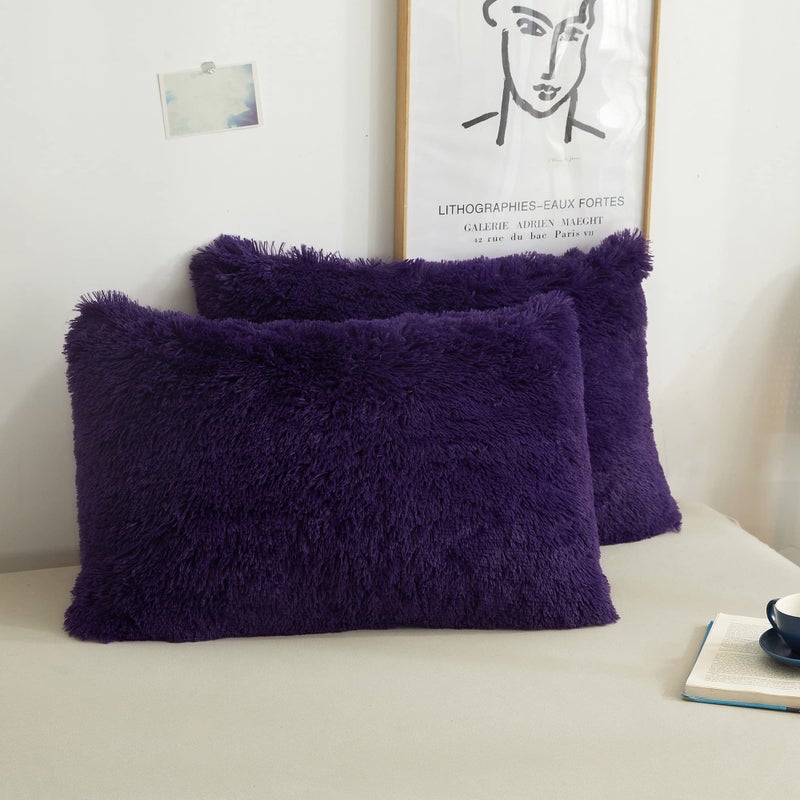 XeGe Faux Fur Fluffy Pillow Cases  Plush Shaggy Ultra Soft Furry Pillow Shams  Crystal Velvet Fuzzy Pillow Covers  Decorative Pillowcases for Bed Couch Sofa Zipper Closure  Set of 2 (King  Purple) - Image 1