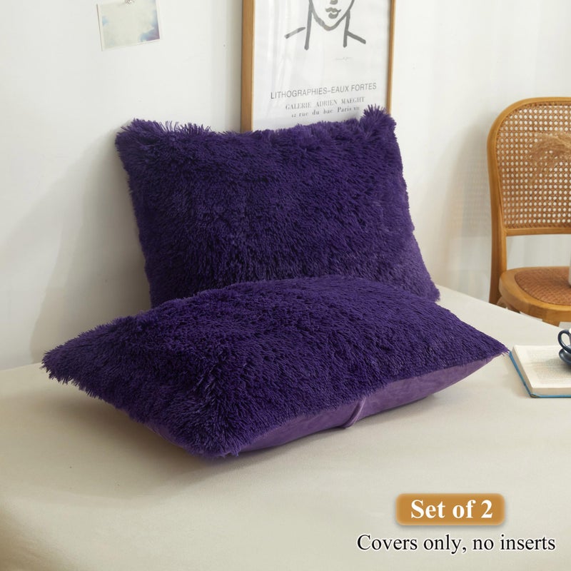 XeGe Faux Fur Fluffy Pillow Cases  Plush Shaggy Ultra Soft Furry Pillow Shams  Crystal Velvet Fuzzy Pillow Covers  Decorative Pillowcases for Bed Couch Sofa Zipper Closure  Set of 2 (King  Purple) - Image 2