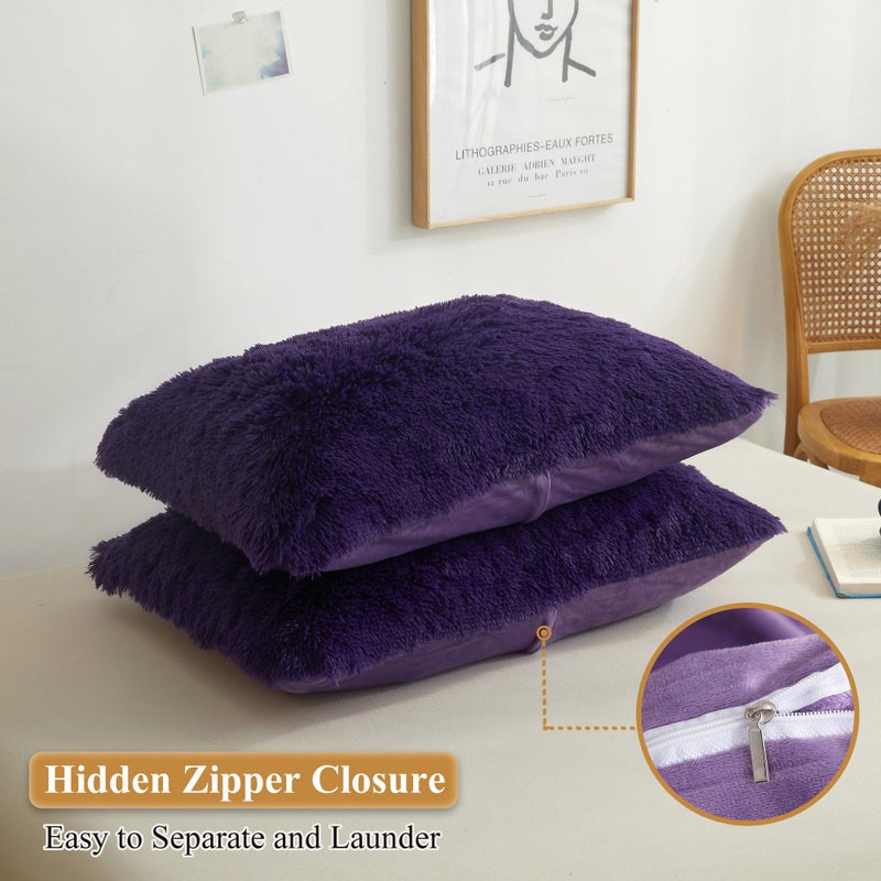 XeGe Faux Fur Fluffy Pillow Cases  Plush Shaggy Ultra Soft Furry Pillow Shams  Crystal Velvet Fuzzy Pillow Covers  Decorative Pillowcases for Bed Couch Sofa Zipper Closure  Set of 2 (King  Purple) - Image 3