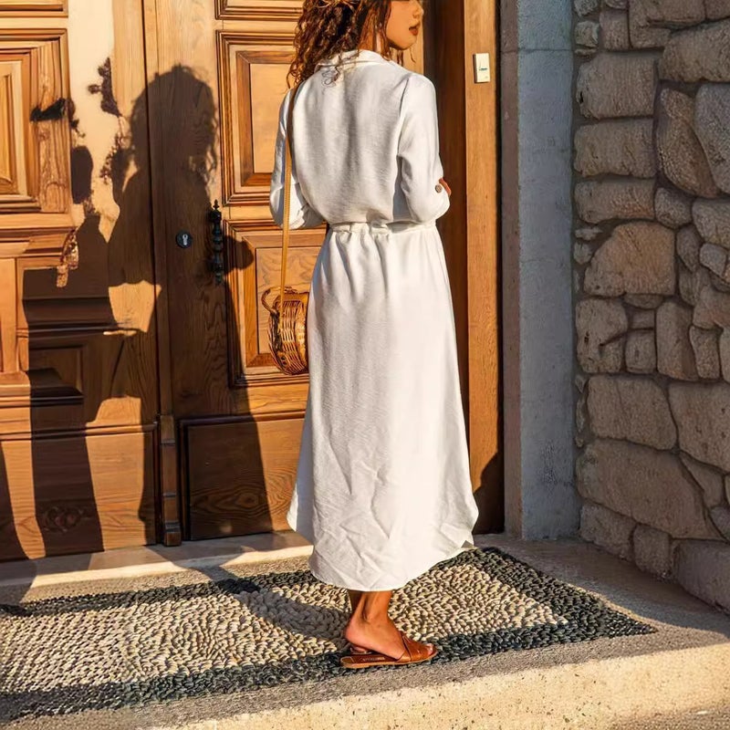 فستان بقميص بأكمام طويلة وأزرار مع حزام للنساء - Image 1