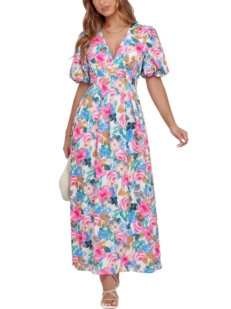 Maxigerui Women's Summer Floral Maxi Dress Spring Wedding Guest Dress 2026 Rose Pink Floral Print L - Image 1