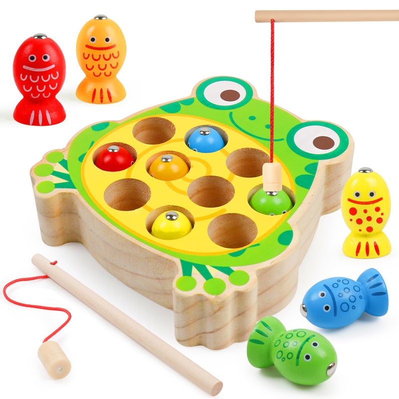 NAODONGLI Magnetic Wooden Fishing Game Toys for Toddlers,Wooden Frog Magnets Fishing Toys Color Sorting Puzzle Montessori Preschool Educational Learning Fine Motor Skills Toys for 3 4 5 Years Old Boys Girls - Image 1
