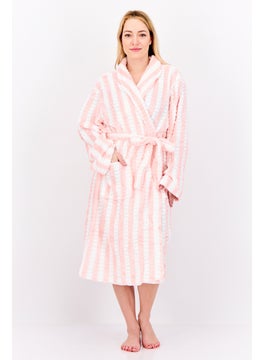 Bebe Home Women Stripped Belted Robes, Pink/White  - Image 1
