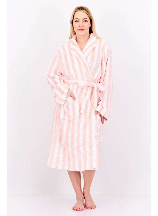 Women Stripped Belted Robes, Pink/White