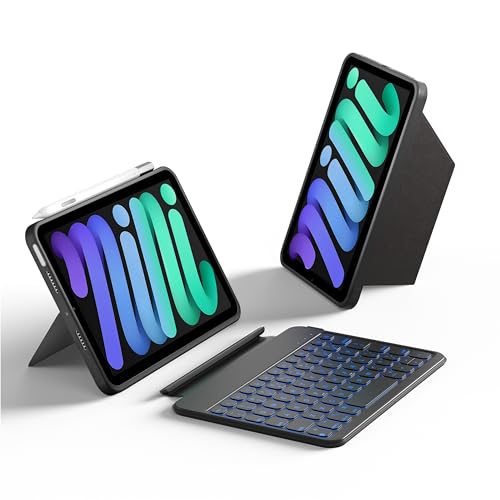 HOU Keyboard Case for iPad mini 7/6, 156° Adjustable Stand, Detachable Full Protective Case for iPad mini 7/6, 11 Shortcut Keys, 7 Color Backlight, Silicone PU, Multifunction, Bluetooth - Image 1