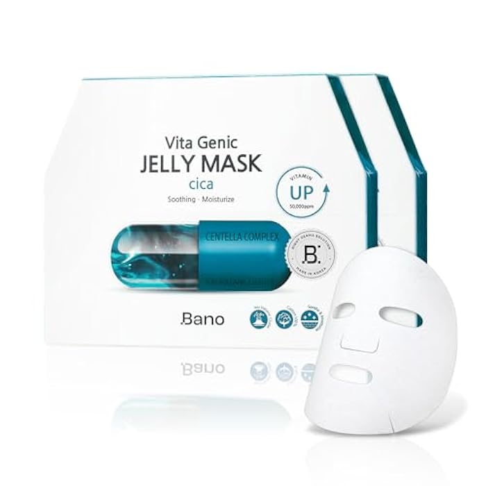 BANO Vita Genic Jelly Face CICA Mask 10EA – Soothing & Hydrating Sheet Mask for Sensitive Skin, Korean Glass Skin Care with Centella, Vitamin C, Biotin & Niacinamide, Fragrance-Free, Pack of 2 - Image 1