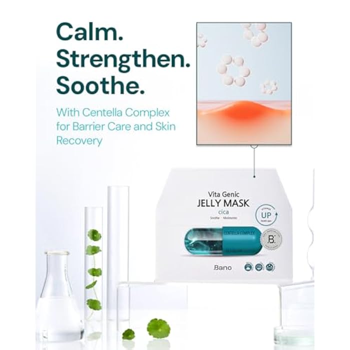 BANO Vita Genic Jelly Face CICA Mask 10EA – Soothing & Hydrating Sheet Mask for Sensitive Skin, Korean Glass Skin Care with Centella, Vitamin C, Biotin & Niacinamide, Fragrance-Free, Pack of 2 - Image 5