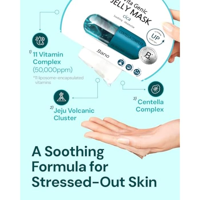 BANO Vita Genic Jelly Face CICA Mask 10EA – Soothing & Hydrating Sheet Mask for Sensitive Skin, Korean Glass Skin Care with Centella, Vitamin C, Biotin & Niacinamide, Fragrance-Free, Pack of 2 - Image 4