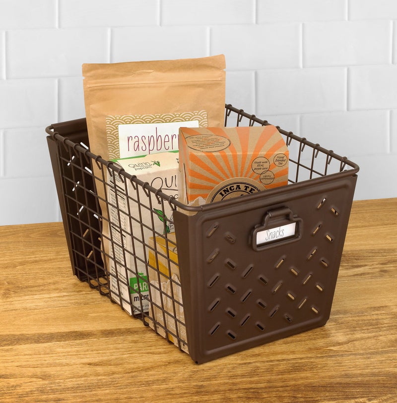 Spectrum Diversified Macklin, Stamped Steel & Wire Basket for Closet & Cubby Storage Vintage-Inspired Design with Customizable Label Plate, Medium, Bronze - Image 4