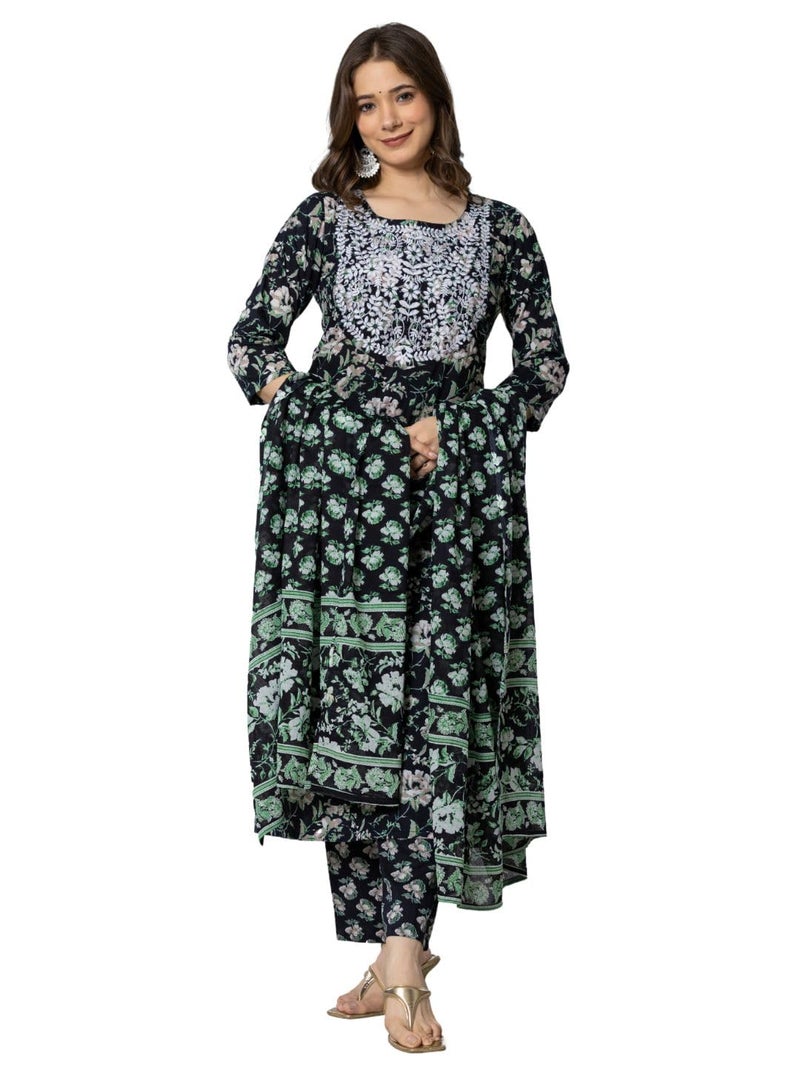 rytras Women's Cotton Embroidered Straight Kurta with Pant and Dupatta(RYT565,Black,L) - Image 4