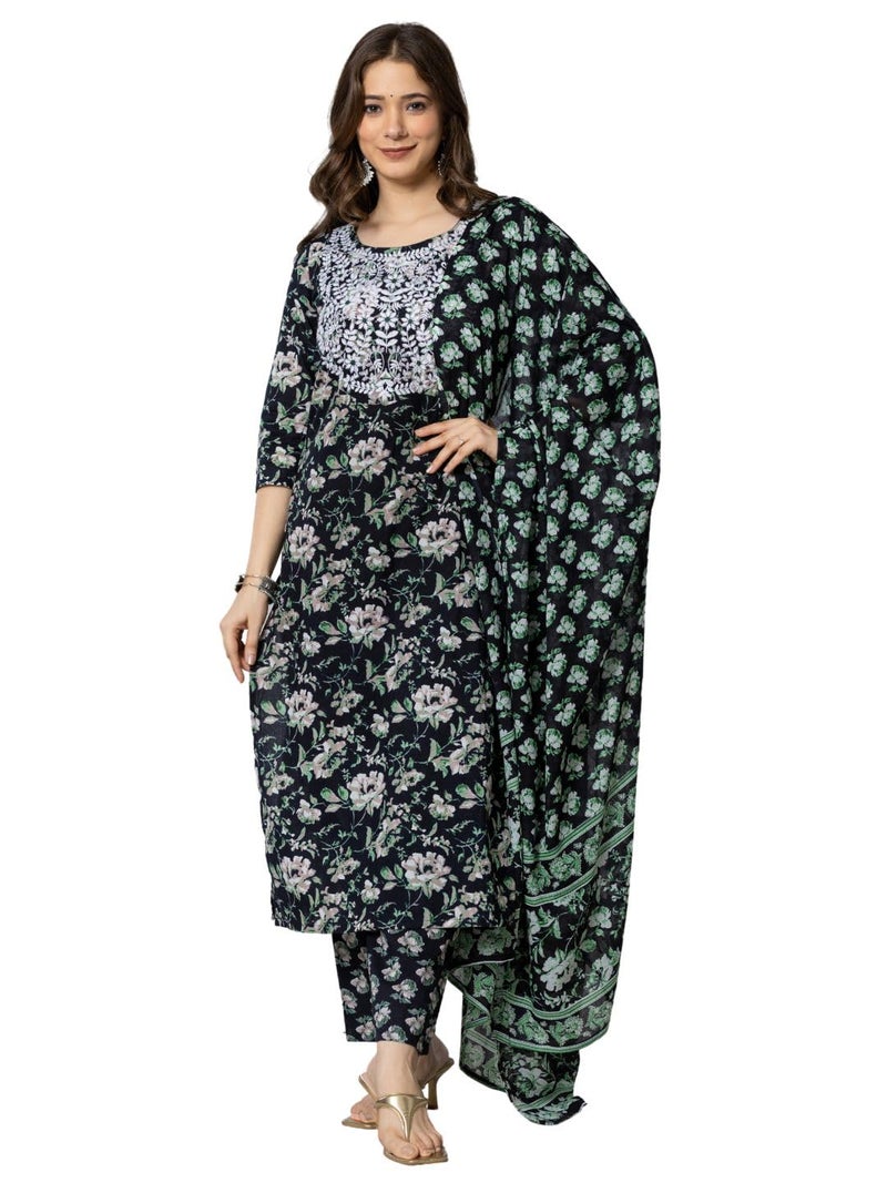 rytras Women's Cotton Embroidered Straight Kurta with Pant and Dupatta(RYT565,Black,L) - Image 1