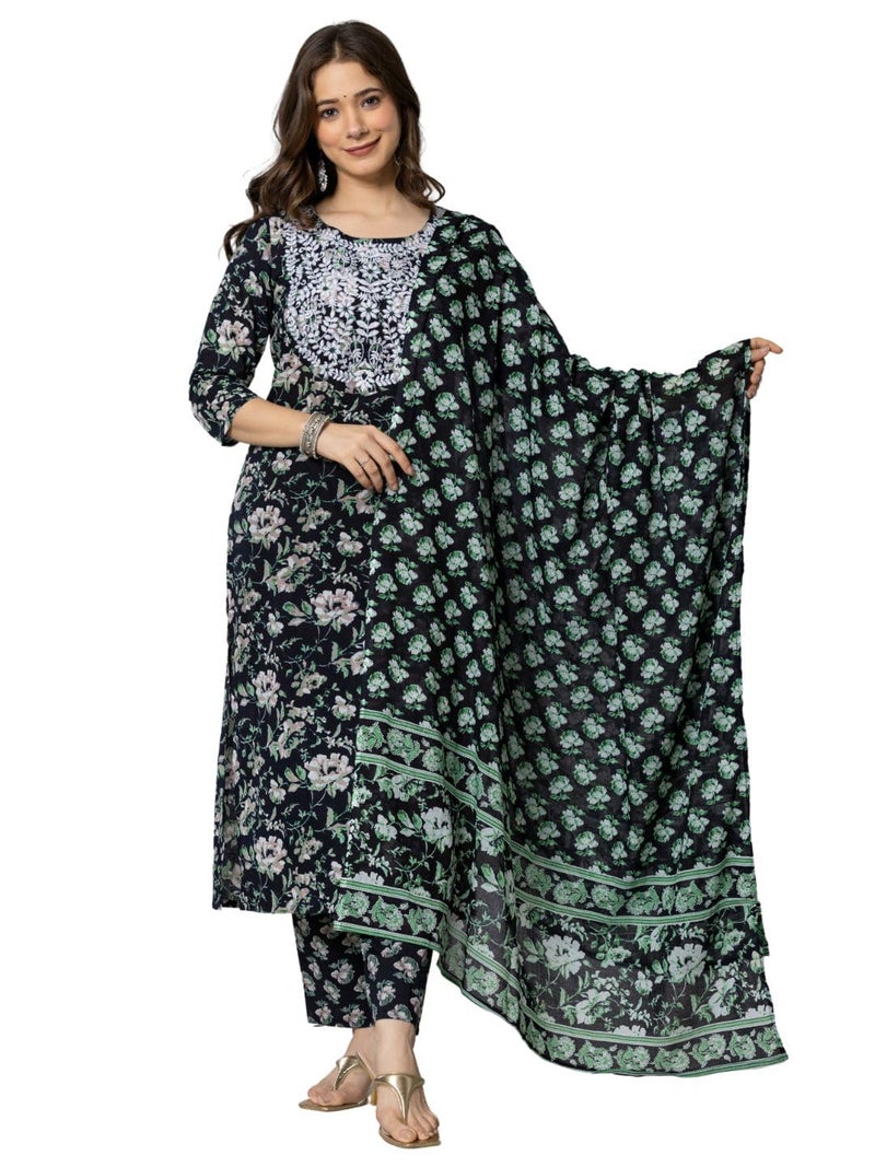 rytras Women's Cotton Embroidered Straight Kurta with Pant and Dupatta(RYT565,Black,L) - Image 3