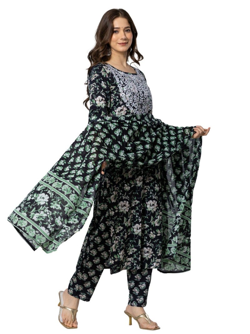 rytras Women's Cotton Embroidered Straight Kurta with Pant and Dupatta(RYT565,Black,L) - Image 5