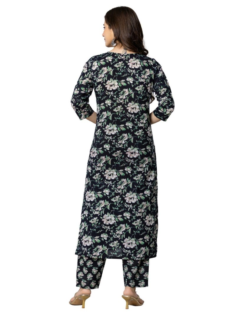 rytras Women's Cotton Embroidered Straight Kurta with Pant and Dupatta(RYT565,Black,L) - Image 2