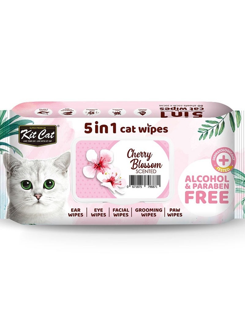 Kit Cat Cat Wipes Cherry Blossom Scent - Cat Wipes For Ear, Eye, Facial, Grooming & Paw Wipes - 80 Wipes  - Image 1