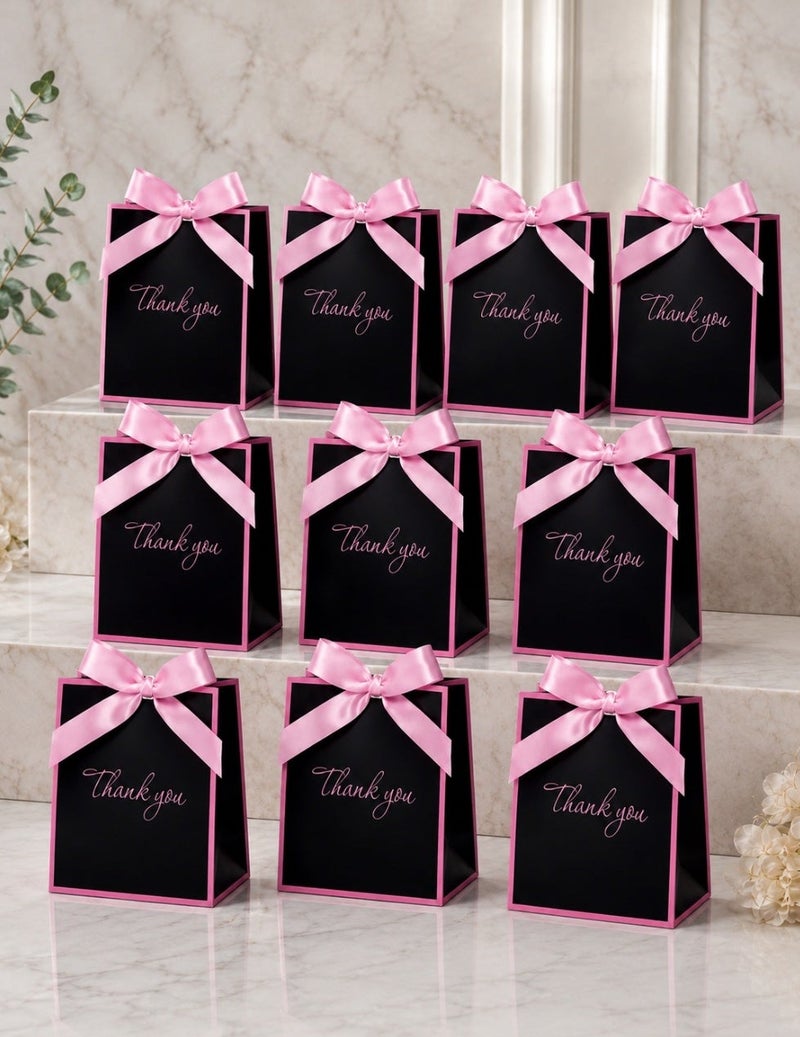 Luxurious black gift bags with pink trim, satin bows, and an elegant “Thank you” design, 10 pieces. - Image 1