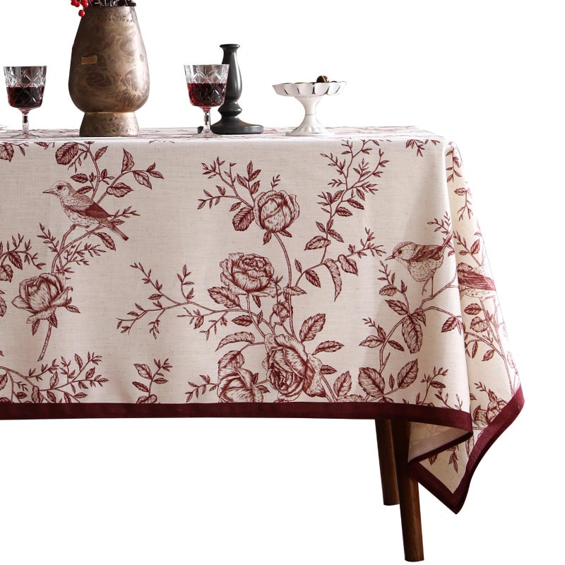 Isaenne Designer Vintage Linen Table Cloth For Rectangle Table Red Floral Pattern Linen Stain Resistant Tablecloth Decor Tablecloths For Dining Thanksgiving Kitchen Party 55""*79""-Harmony - Image 1
