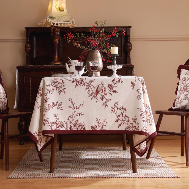 Isaenne Designer Vintage Linen Table Cloth For Rectangle Table Red Floral Pattern Linen Stain Resistant Tablecloth Decor Tablecloths For Dining Thanksgiving Kitchen Party 55""*79""-Harmony - Image 3