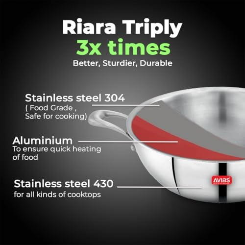 AVIAS Riara Triply Kadhai with Lid | 5 Years Warranty | Stainless Steel Kadai with Flat Bottom, Steel Casted Handles, 2.5 Mm Thickness, Induction Base, 2 Litre, 22cm - Image 2