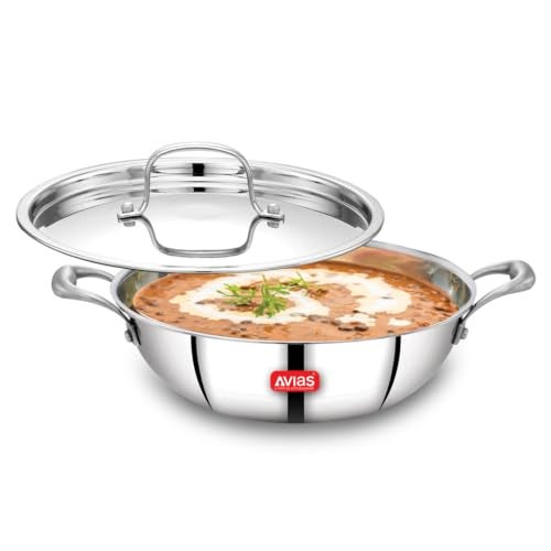 AVIAS Riara Triply Kadhai with Lid | 5 Years Warranty | Stainless Steel Kadai with Flat Bottom, Steel Casted Handles, 2.5 Mm Thickness, Induction Base, 2 Litre, 22cm - Image 1