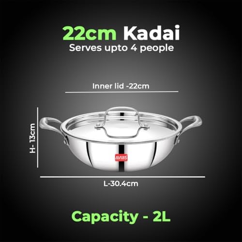 AVIAS Riara Triply Kadhai with Lid | 5 Years Warranty | Stainless Steel Kadai with Flat Bottom, Steel Casted Handles, 2.5 Mm Thickness, Induction Base, 2 Litre, 22cm - Image 4