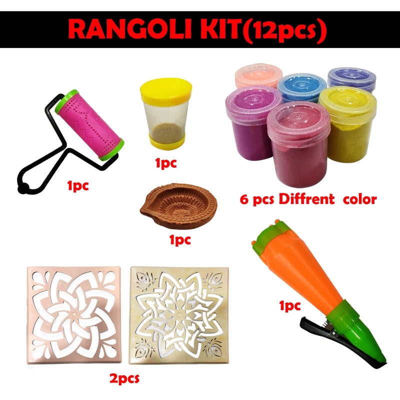 Party Propz Party Propz Rangoli Decoration Set 12pcs Rangoli Making Tools Kit Rangoli Stencils with Rangoli Powder Rangoli Outliner Filler Roller Diwali Decoration Items For Home Decor Navratri Decoration - Image 2