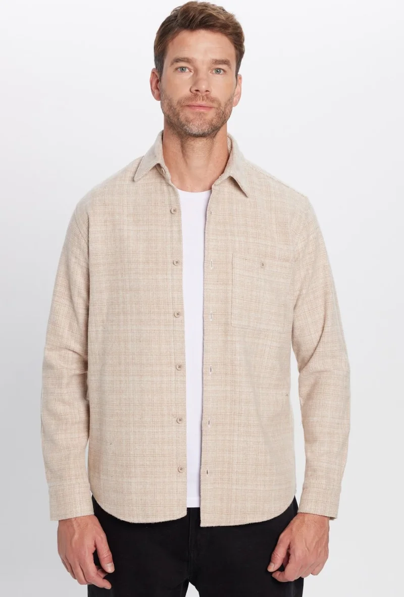 تودورس Men's Classic Fit Regular Cut Lumberjack Single Pocket Dobby Winter Beige Shirt