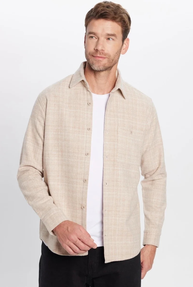 تودورس Men's Classic Fit Regular Cut Lumberjack Single Pocket Dobby Winter Beige Shirt