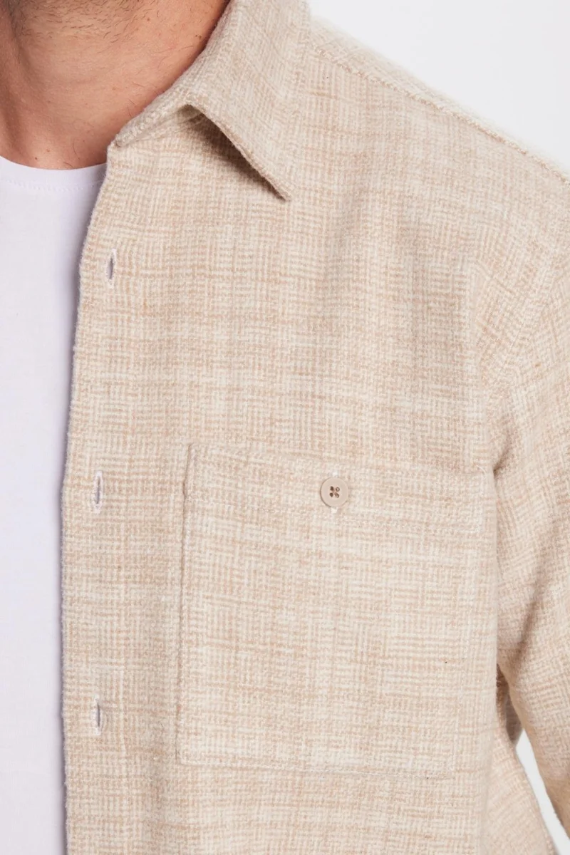 تودورس Men's Classic Fit Regular Cut Lumberjack Single Pocket Dobby Winter Beige Shirt