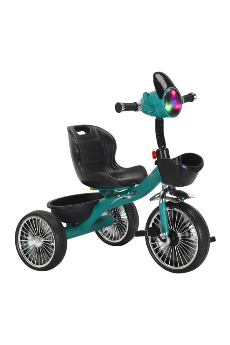 Green Kids' Tricycle with LED Light  Backrest Seat – Toddler Ride-On Bike with Baskets  Music - Image 2